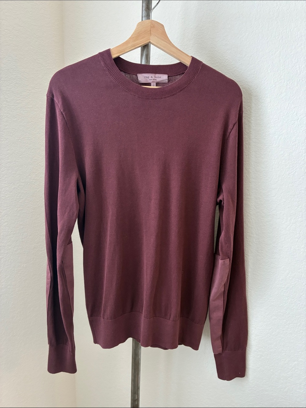 Rag & Bone Mens Sz S Cotton Burgundy Intentionally Faded Sweater Elbow Patches